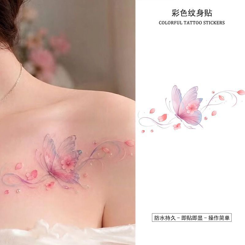 Beautiful cherry blossom and butterfly colorful tattoo stickers, washable, with a unique design, suitable for a niche, sweet and cool girly look, collarbone stickers