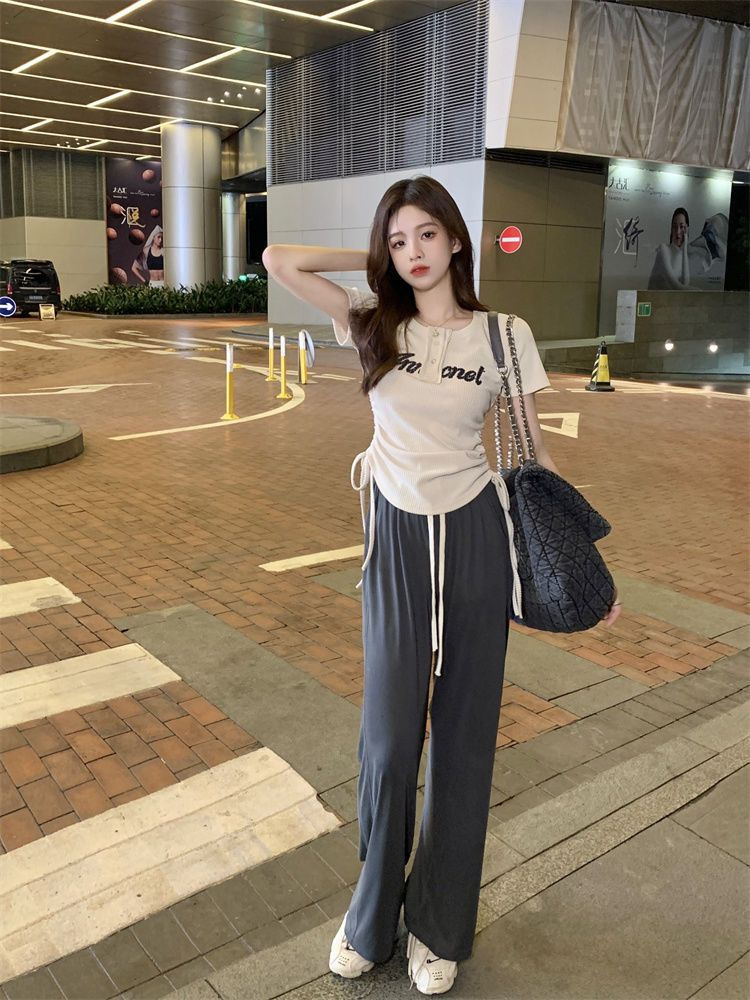 Sommer New Style American Sweet Cool Spicy Girl Kordelzug Kurzarm Abnehmen T-Shirt Ice Silk Weites Bein Lange Hosen_voghion.com