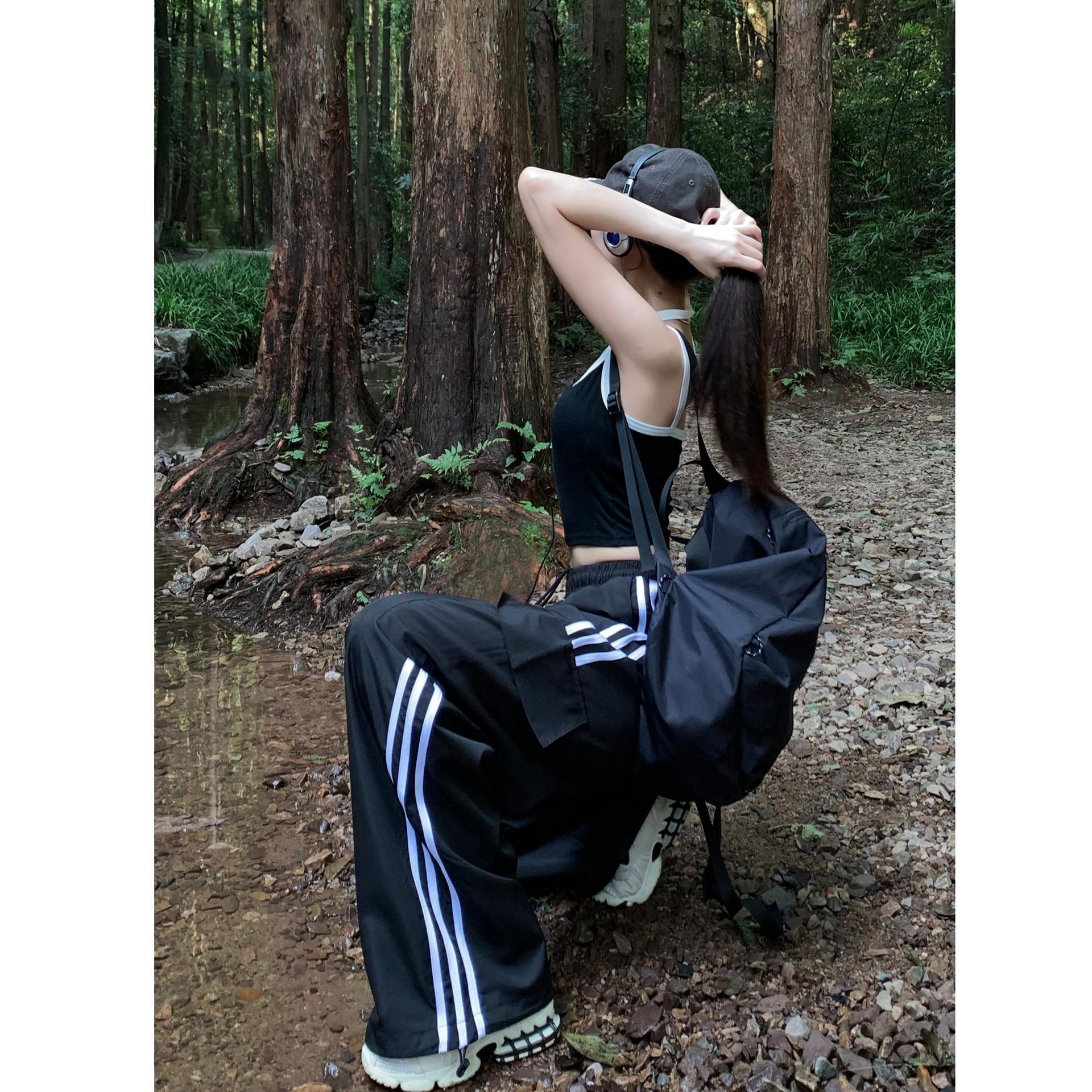 Three-Stripe Hiking Cargo Pants for Women, Wide-Leg Sports Pants, High-Waisted Floor-Length Pants, Trendy Asymmetrical Design Casual Pants