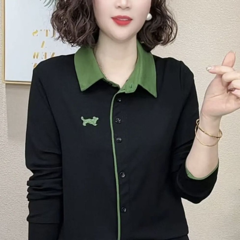 批发代发2025春秋季新款韩系翻领休闲刺绣狗狗百搭宽松撞色T恤女|undefined