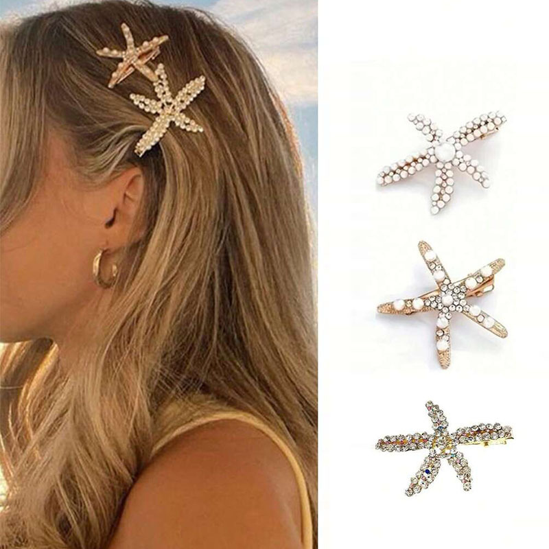 European and American Cross-Border Retro Pearl Starfish Hairpin Women's Casual Top Clip Hairpin Adult Girl Rhinestone Starfish Duckbill Clip