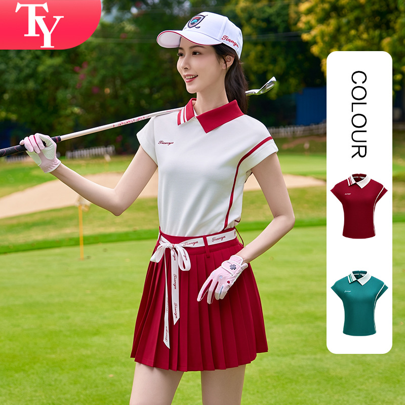 Korean style women's golf short-sleeved polo shirt, slim fit, color-blocked lapel, preppy style, outdoor sports tennis uniform