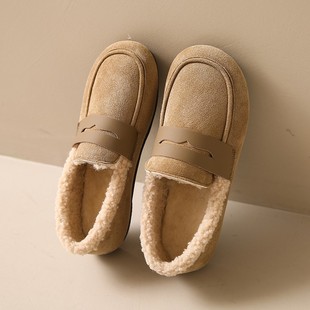 Soft bottom soft leather fleece-lined warm leather shoes for women 2023 autumn and winter New flat round toe slip-on loafers for pregnant women