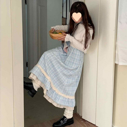 Japanese-style sweet girl lace floral gingham half skirt 2025 autumn winter college style slimming word skirt autumn winter item