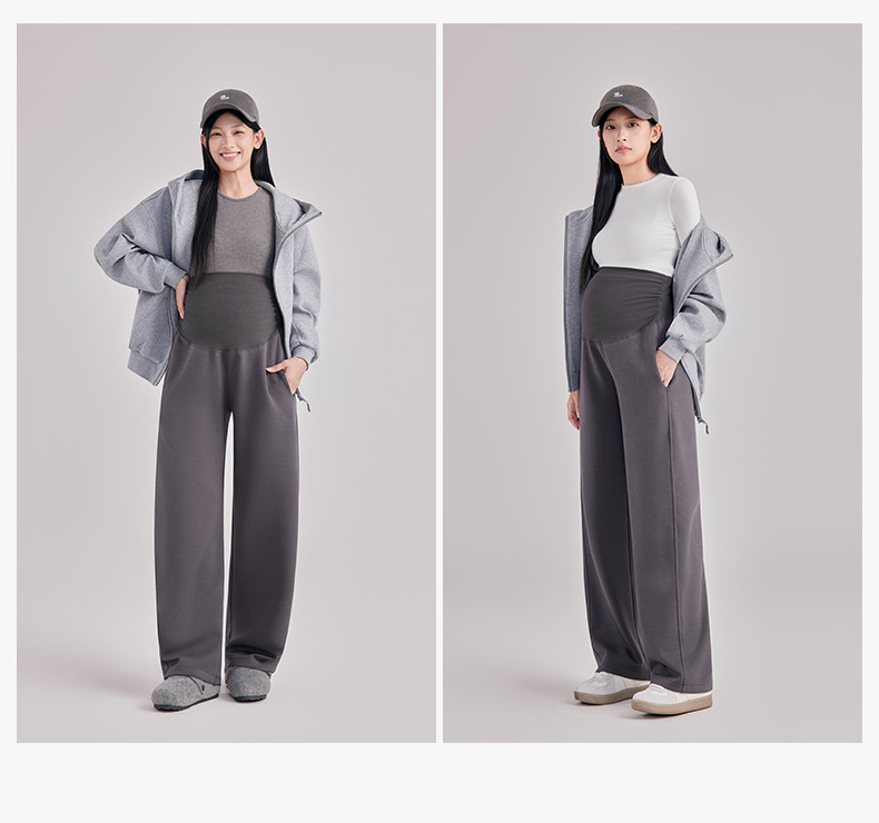 Umstandshosen für Herbst und Winter, hoch geschnitten, mit weitem Bein, gerade geschnitten, dick und warm, für schwangere Frauen, Freizeit-Hosen. – Detail 12