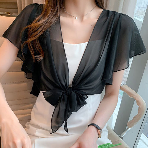 Summer chiffon women's shoulder wrap with spaghetti straps, cloak dress, small square neck, outerwear with sunscreen sweater, fairy coat, thin jacket