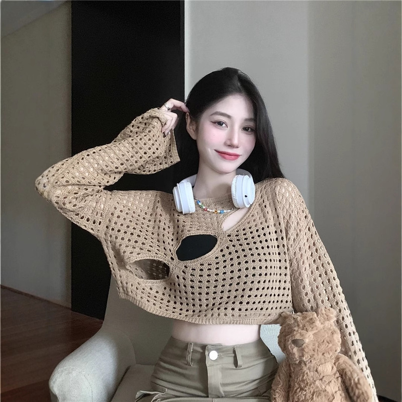 Fishnet Blouse Women's Summer Thin Short Long-Sleeved Jazz Dance Top Design Cut Out Knitted Sun Protection Navel-Baring T-Shirt Fishnet Blouse Women's Summer Thin Short Long-Sleeved Jazz Dance Top Design Cut Out Knitted Sun Protection Navel-Baring T-Shirt