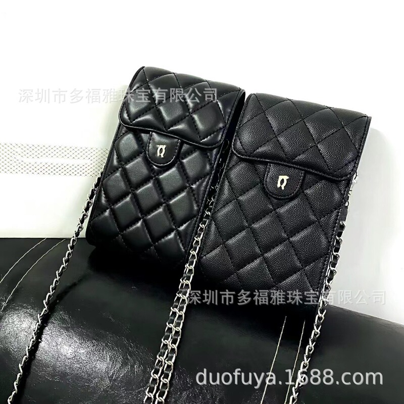 2026 Summer New High-End Quilted Mobile Phone Bag with Niche Design, Flip-Top Caviar Chain Shoulder Bag Protective Case