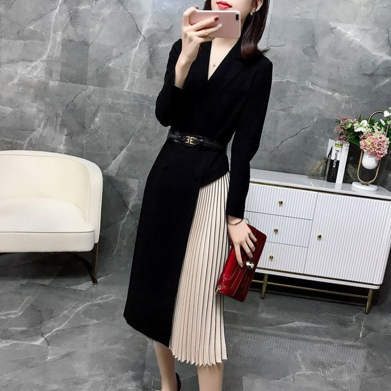 Black Dress for Women Spring & Fall 2025 New Long-Sleeved Elegant Stitching Contrasting Mid-Length Over-The-Knee Pleated Skirt