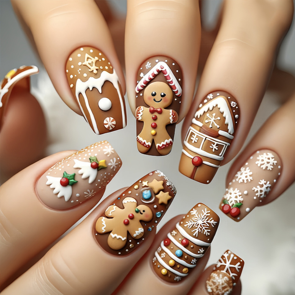 Comercio exterior Navidad pan de jengibre hombre usa uñas 3D en relieve tridimensional uñas 24 piezas de vacaciones de otoño y invierno uñas falsas