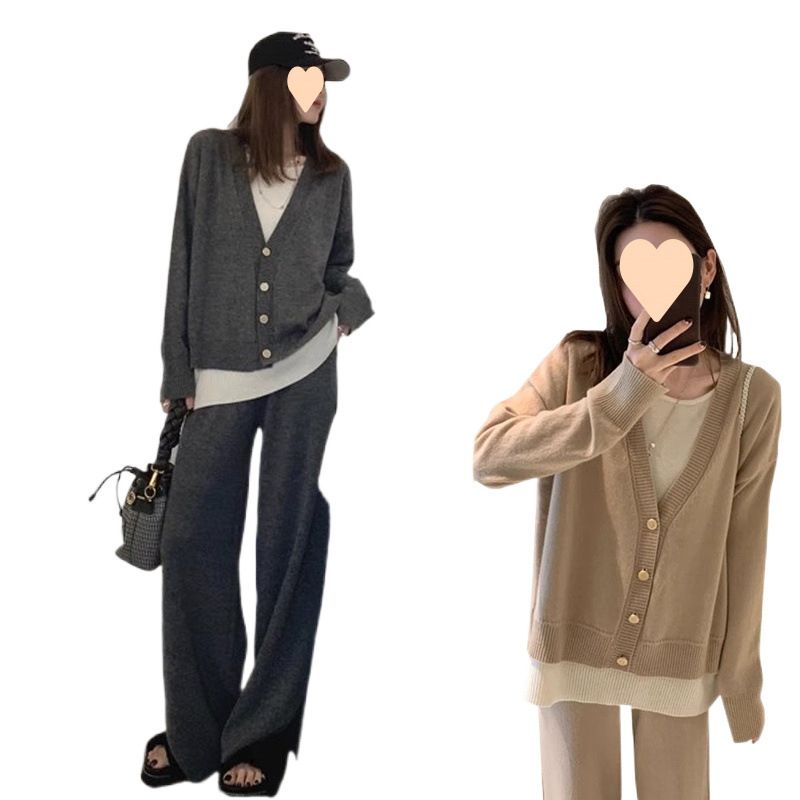 임산부 정장 2025년 신상 봄 가을 패션 트렌디 가을 겨울 니트 스웨터 상의 및 바지 투피스 정장