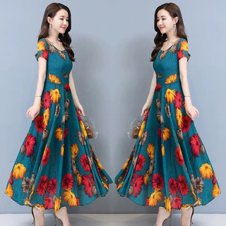 跨境大码连衣裙女夏中年妈妈裙子2024年新款夏天显瘦大摆圆领长裙