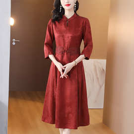 喜婆婆婚宴装红色礼服裙2023秋季新款妈妈装时尚复古优雅连衣裙