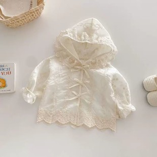 Girls' Summer Jacket, Stylish Baby Children's Trendy Korean Version Lace-Trimmed Hooded Air Conditioning Clothing