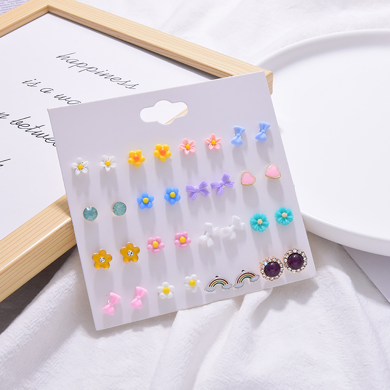 Tide Rainbow Small Daisy Simple Color Flower Bow 20 Pairs Of Earrings Set display picture 3