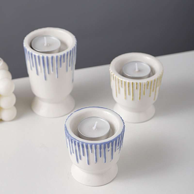 Sencillas rayas verticales rosa azul doble uso candelabro de cerámica candelero taza de la vela contenedor taza hogar candelabro Decoración