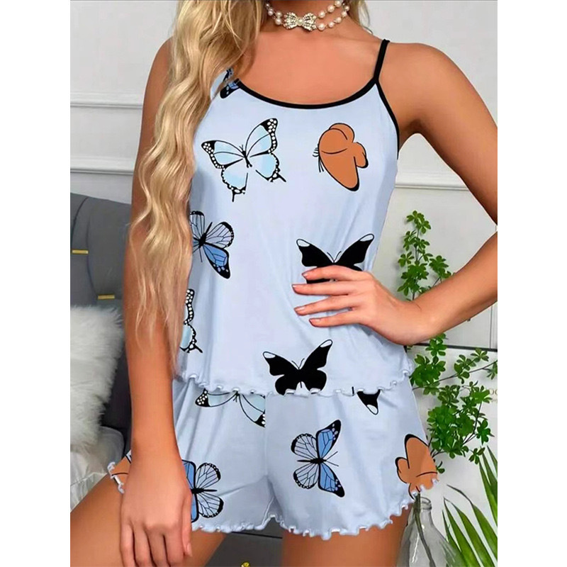 Women's Butterfly Print Pajamas Set, European and American Style, Plaid and Fashionable Camisole Shorts, Home Wear, Can Be Worn Outside