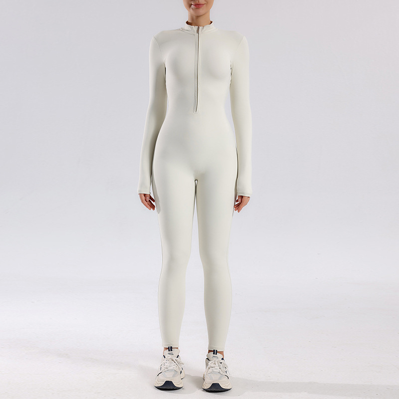 Ropa de yoga de una pieza de manga larga delgada con cremallera desnuda de una pieza con cuello alto