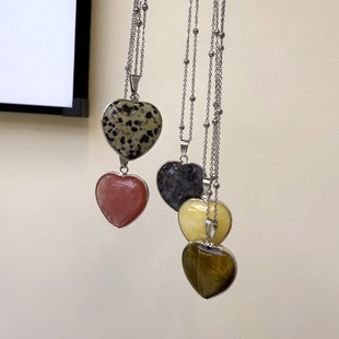 Cross-Border Aliexpress Natural Rose Quartz Amethyst Green Aventurine Heart-Shaped Pendant Titanium Steel Necklace Versatile Simple Niche Necklace