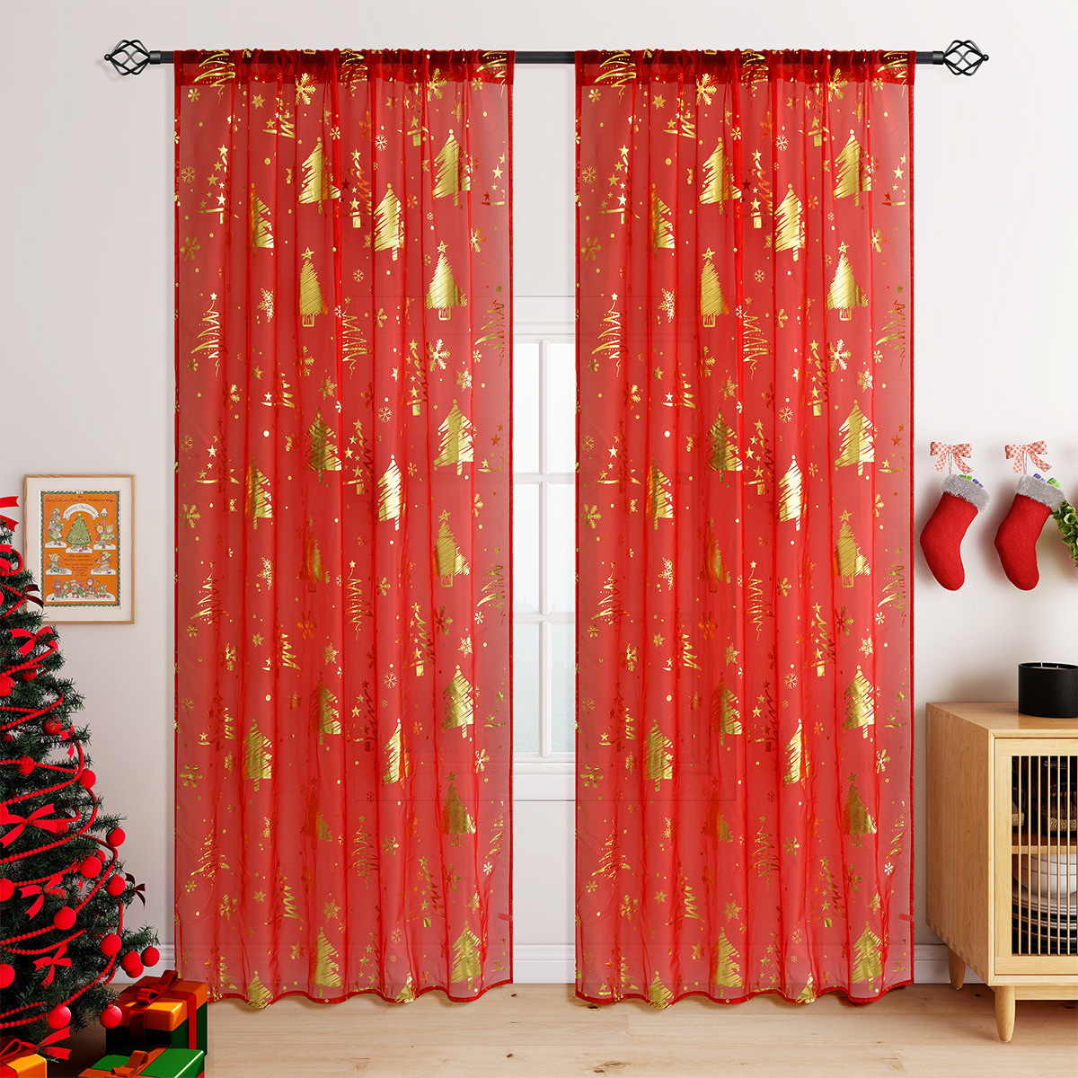 Transfronterizos de una sola cadena de trilon nevada de Navidad cortinas cortinas cortinas de barra Amazon TEMU en stock cortinas de productos terminados