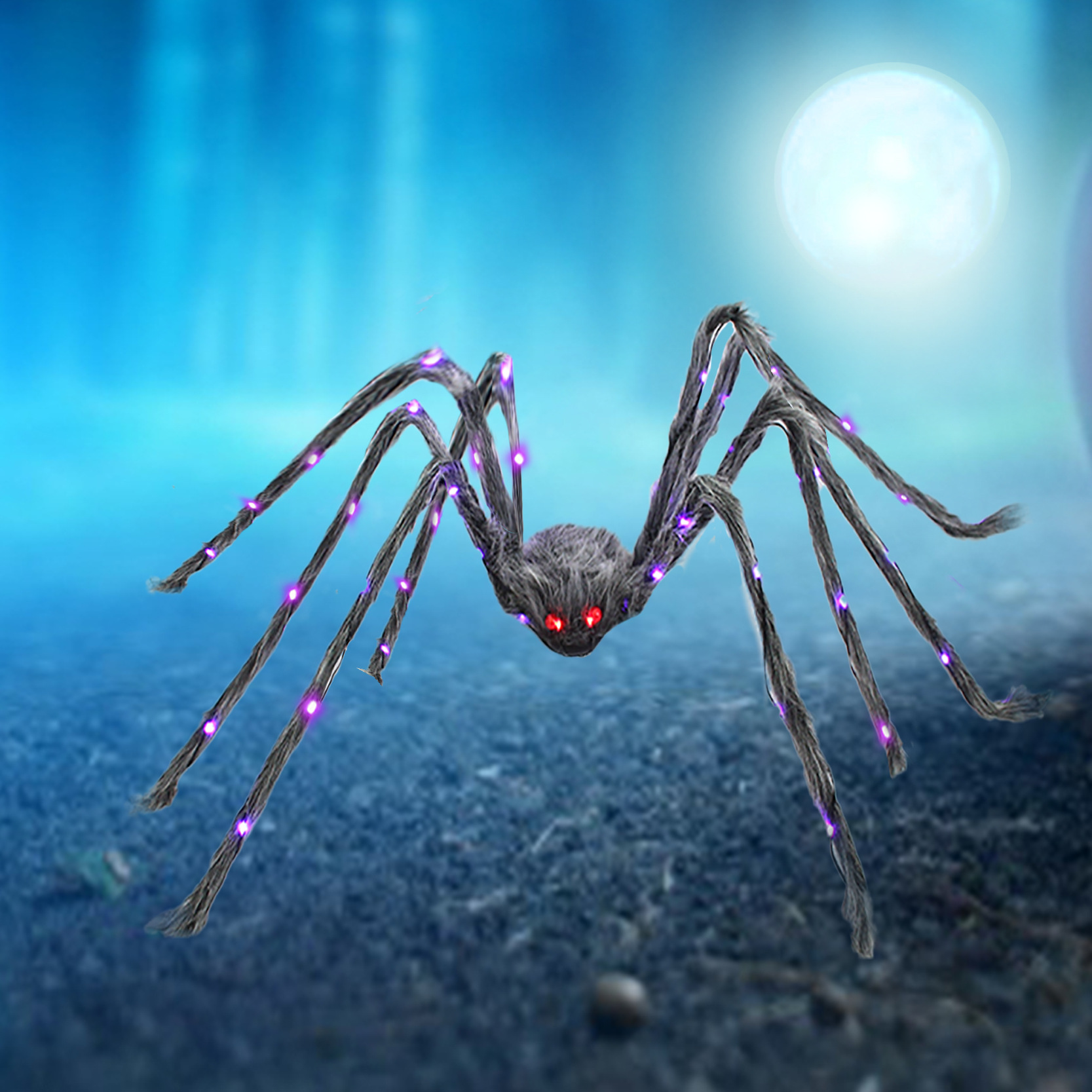Red de araña luminosa de Halloween Red triangular con luz araña negra felpa araña de color grande accesorios de decoración de fiesta