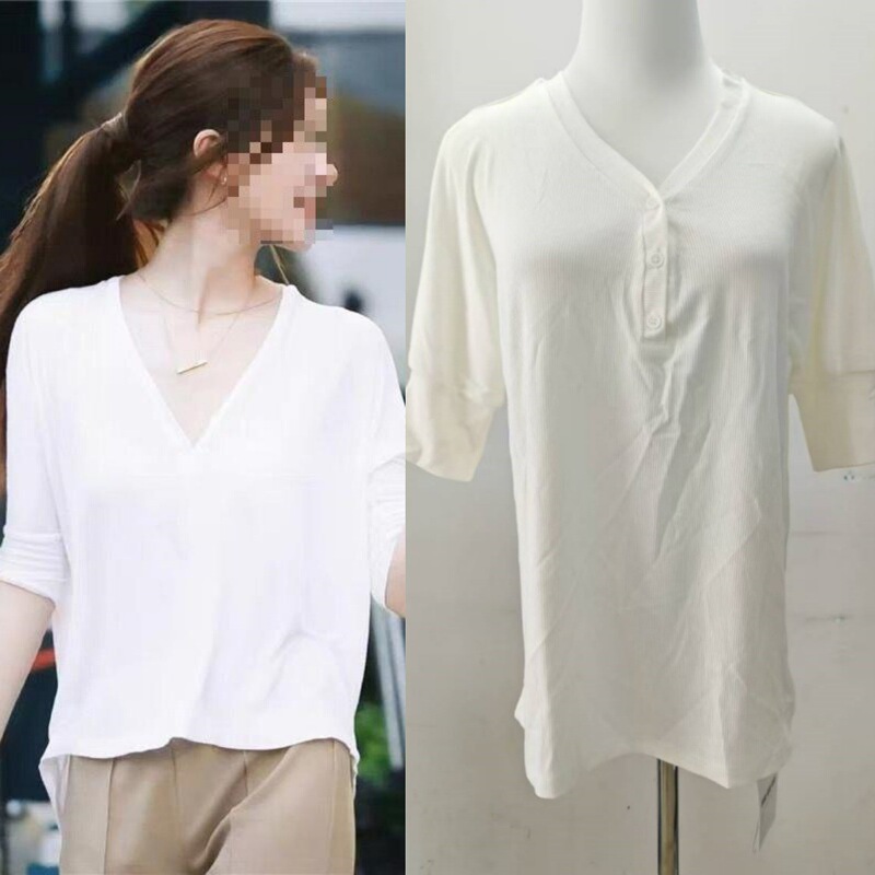 Long-Term In-Stock 2025 Spring Dazzling Zhao Lusi and Xu Yan Same Style White Knit T-Shirt V-Neck Top Base Layer Long-Term In-Stock 2025 Spring Dazzling Zhao Lusi and Xu Yan Same Style White Knit T-Shirt V-Neck Top Base Layer
