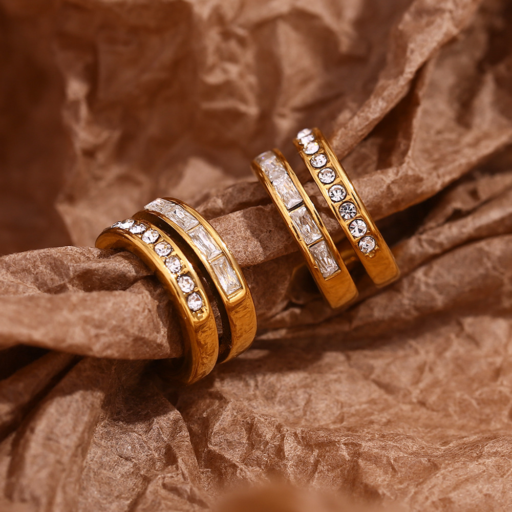 Double C-shaped Zircon Inlaid Stainless Steel Earrings