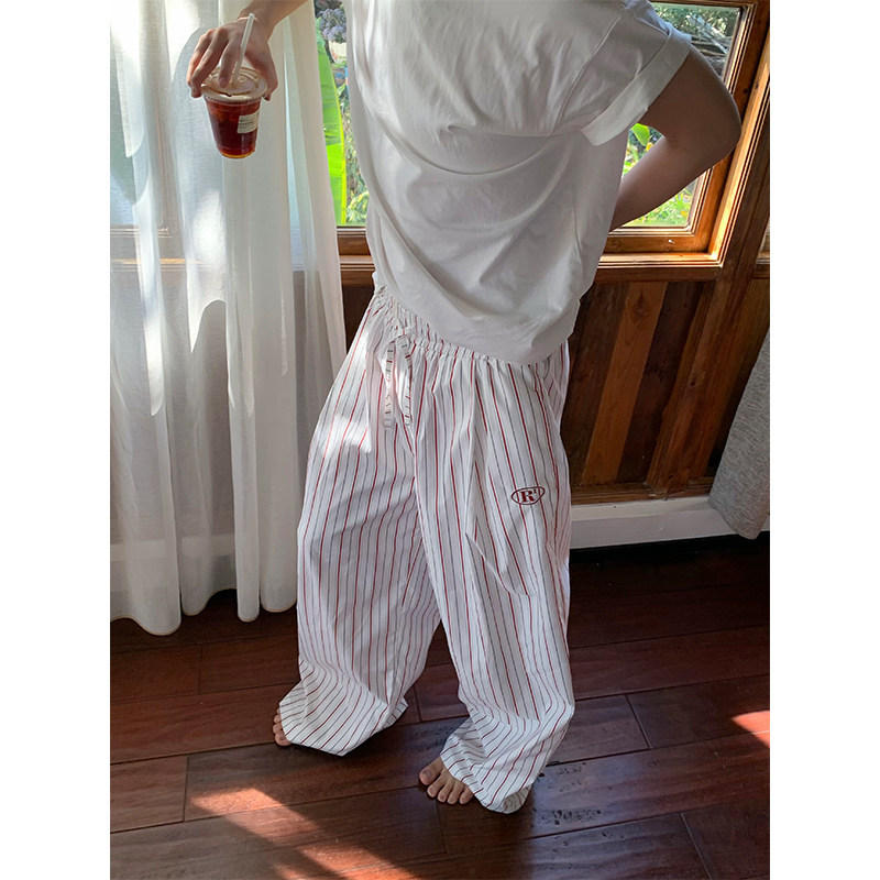 美式撞色条纹抽绳休闲裤男女夏季韩式宽松百搭潮流直筒拖地裤