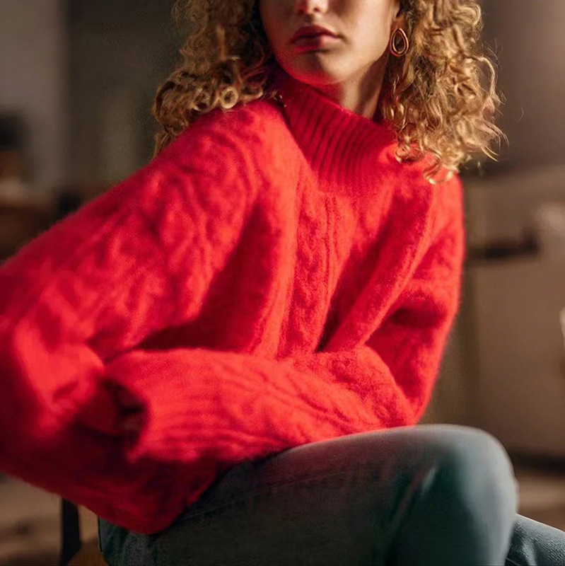 Clearance~~ Se French-Style Autumn and Winter Christmas and New Year Romantic Plain Wool Blend Cable Knit Sweater for Women