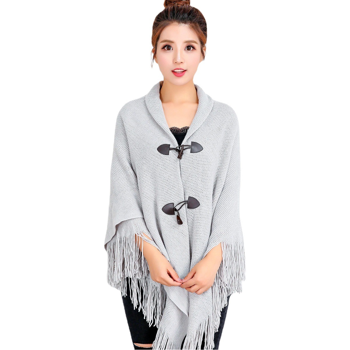 Autumn and Winter New Shawl Cloak Tassel Horn Button Pure Color Asymmetrical Double Layer Tassel Cloak Shawl Warm and Thickeneded