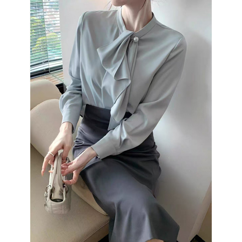 Cross-Border Foreign Trade Korean Style Elegant and Simple Office Lady White-Collar Shirt Women's One-Button Pearl Ribbon Shirt