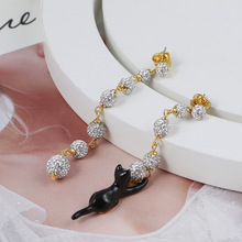 欧美饰品批发手绘釉彩猫咪闪耀满天星钻球不对称个性耳环一件代发