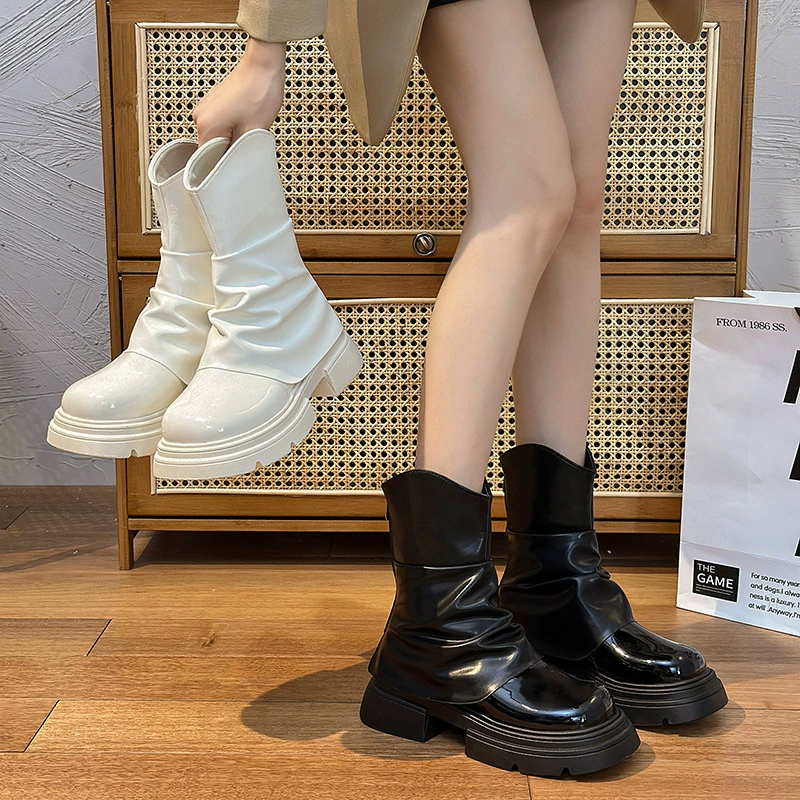 Ботинки Martin на толстом каблуке в новом стиле, женские осенне-зимние сапоги средней длины, женские Универсальные женские сапоги с круглым носком, модные плиссированные ботинки на толстой подошве, 2023