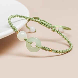 Hetian Jade Bracelet Green White Buckle Handmade Woven Green Hand Rope Simple Girl Gift Niche