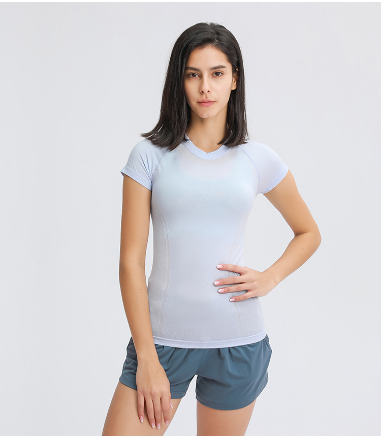 round neck slim solid color short-sleeved elastic yoga top NSDQF127353