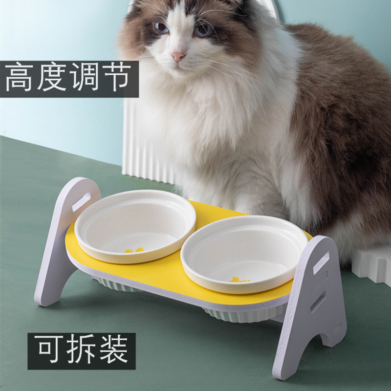 陶瓷猫碗双碗粮碗水碗防黑下巴防打翻保护颈椎调节高度架子可拆装