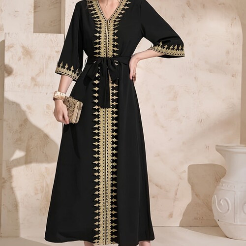 Bestselling Heavy Duty Gold Thread Embroidered Edge Elegant Black Belt Long Dress Middle Eastern Cover-up