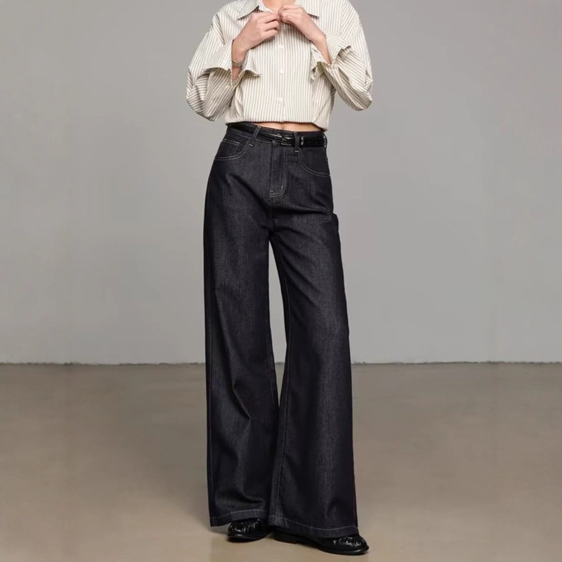 Dark Blue American-Style Loose Wide-Leg Jeans for Women, Autumn and Winter 2025, Fleece-Lined, Drapey, Casual, Floor-Length Straight Pants