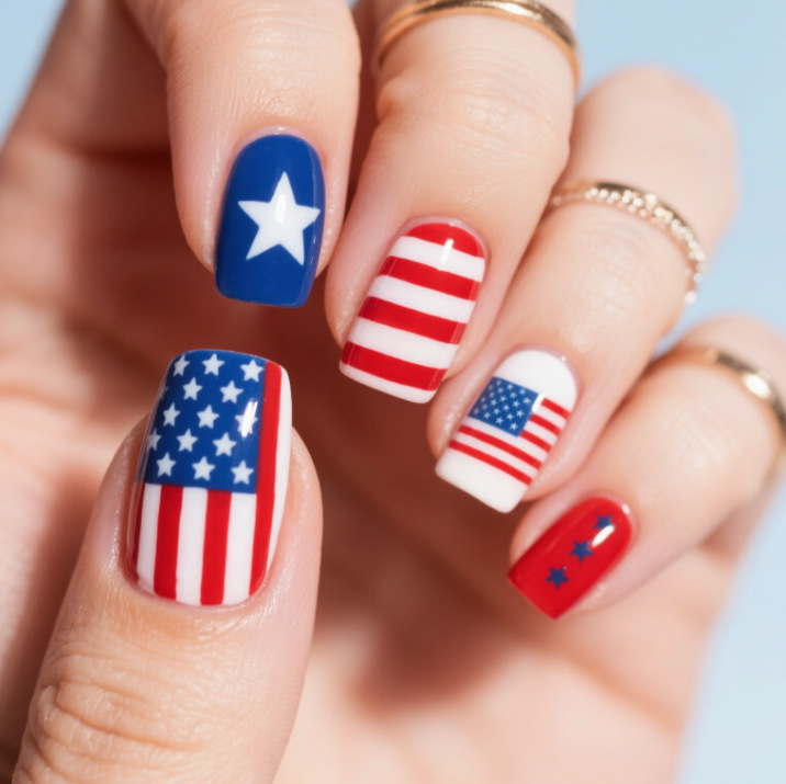 24 Pieces of Cross-Border Best-Selling Independence Day Nail Art with Classic European and American Flag Lines and Stars, Medium-Length Rectangular Press-On Nails Wholesale