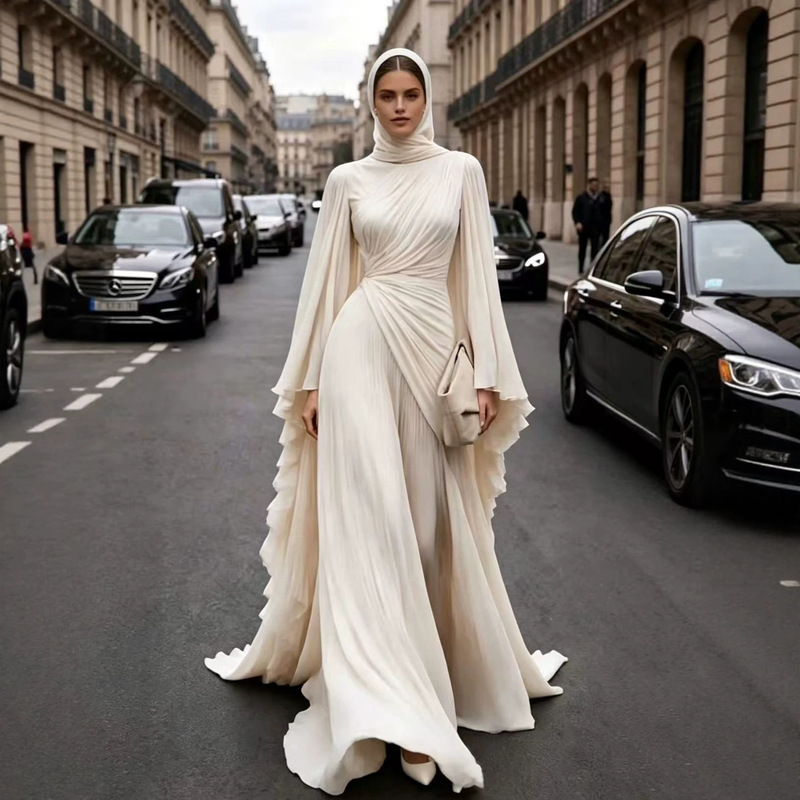 2026 Autumn European and American Amazon Cross-Border Trade New Elegant Solid Color Evening Dress Long Sleeve Slim Fit Dress