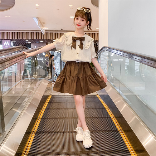 Girls' Summer 2024 Fashion Trendy Short Skirt Set with Two Pieces for Older Children - School Style