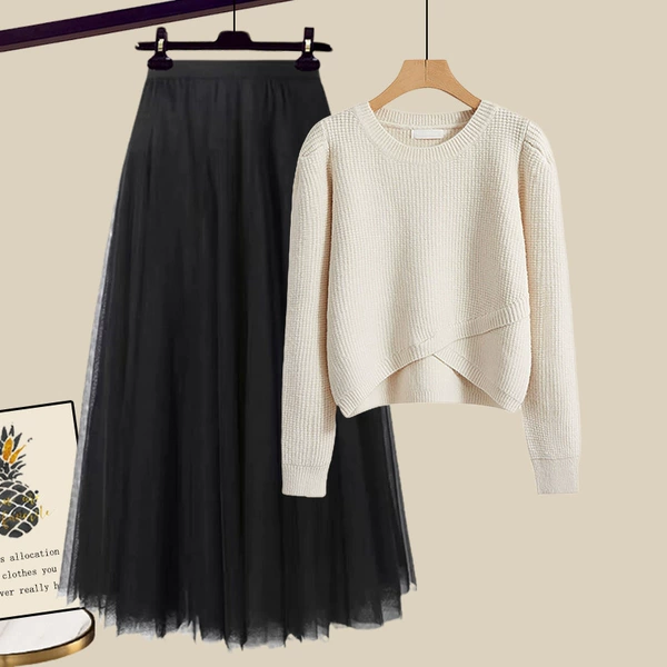 Apricot sweater, black skirt, set