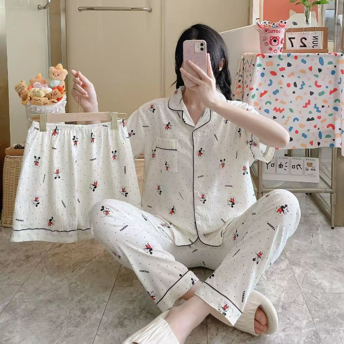 Venta al por mayor transfronteriza 120g pijamas de algodón de nube de verano de manga corta para mujer pantalones cortos de algodón de nube de verano de tres piezas servicio a domicilio de dibujos animados