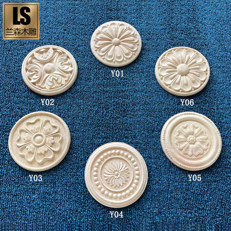 Dongyang Lansen Wood Carving European-style Solid Wood Decal Furniture Decoration Home Background Wall Living Room Decoration Cabinet Door Round Flower Piece