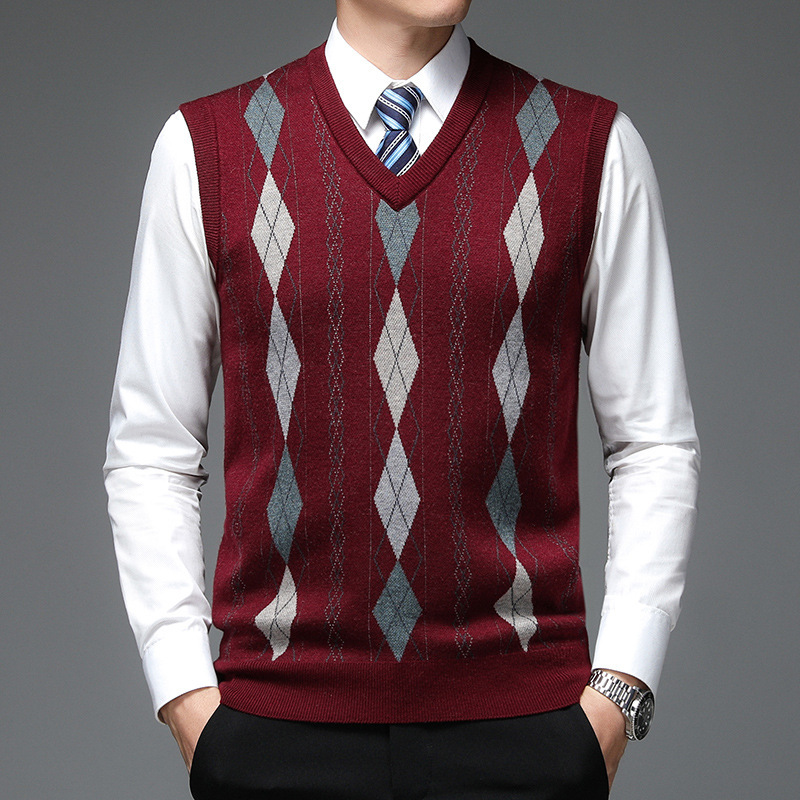 Wool Vest for Men, Autumn and Winter, Men's V-Neck Sleeveless Knit Vest, Diamond Pattern Jacquard Sweater, Men's Sleeveless Jacket