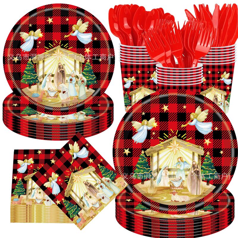 2025 Amazon New Red Plaid Christmas Angel Theme Party Disposable Paper Plate Paper Cup Tissue Set 2025 Amazon New Red Plaid Christmas Angel Theme Party Disposable Paper Plate Paper Cup Tissue Set
