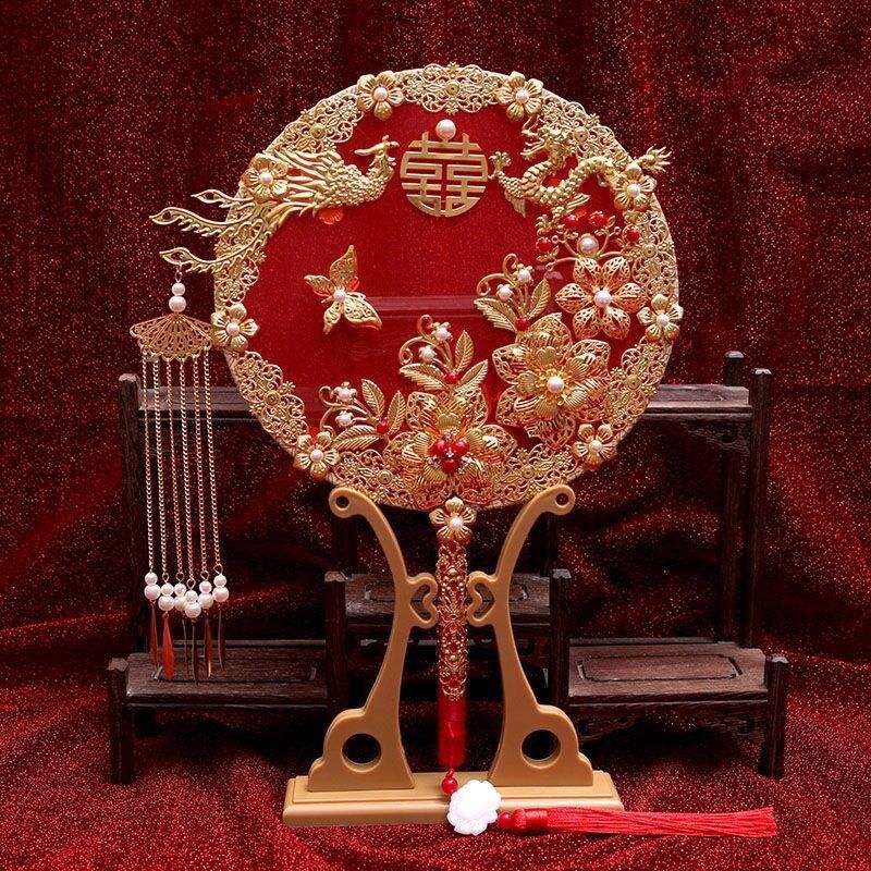 Xiaohongshu Recommended Marriage Fan Chinese Wedding Show Xiaohu Dress Ancient Style Wedding Hand Bouquet Handmade Happy Fan Set