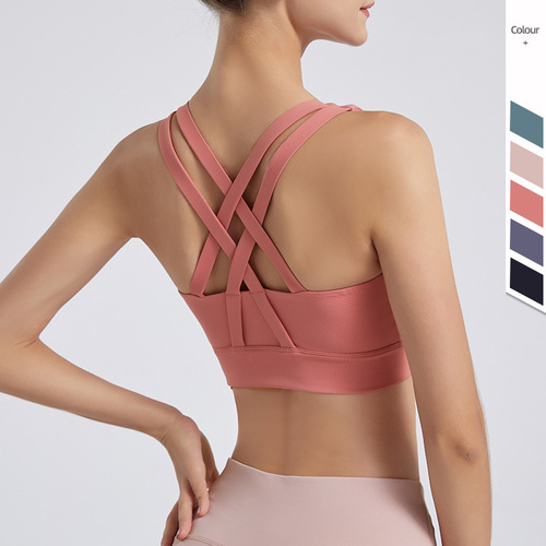 2024 New European and American Nude Yoga Sports Bra for Women Cross-Body Back Fitness Outer Wear Shockproof Push-Up Bra