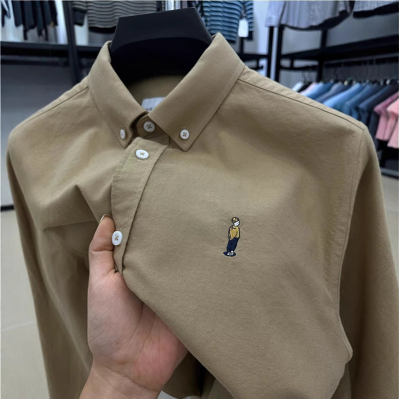 Foreign trade export 100 cotton Oxford long sleeve shirt men's autumn fashion casual embroidery tail single men's shirt