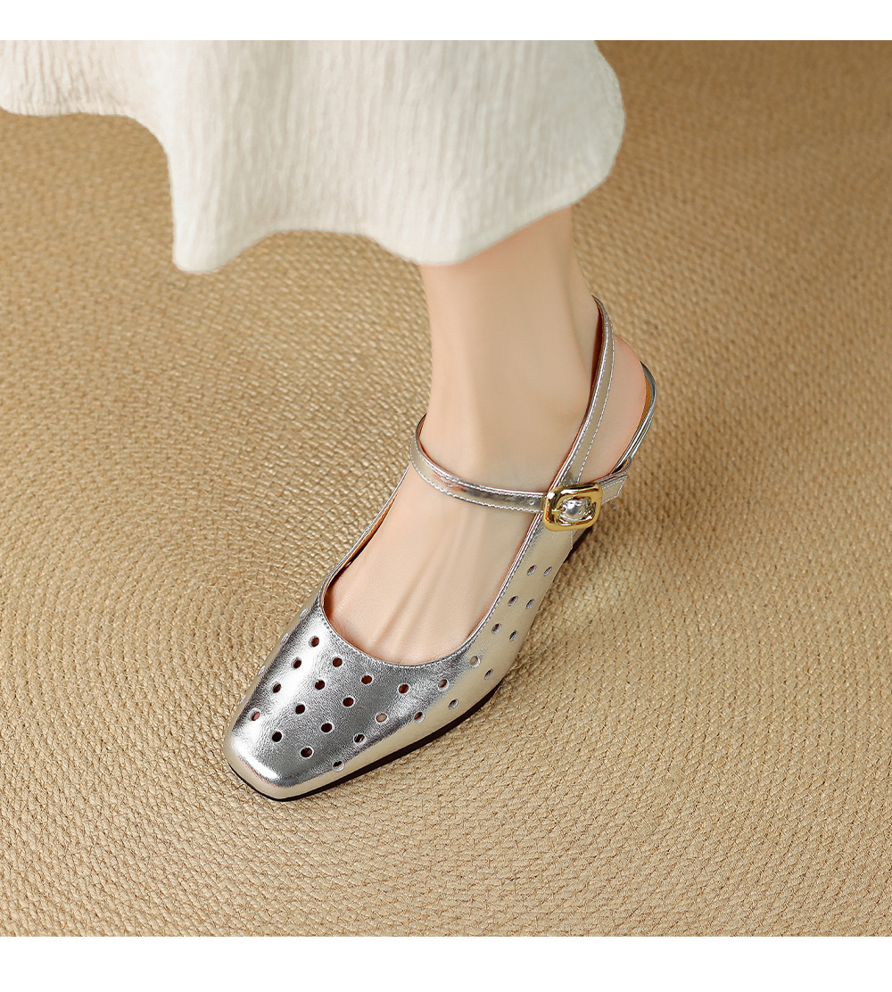 Sandal cao gót nữ mũi vuông quai ngang đế xuồng da thật lỗ thoáng khí — màu vàng, Trắng sữa, bạc chi tiết 8